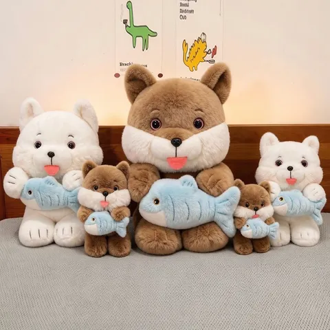 Simpatico Peluche a Forma di Gatto Con Pesce Morbido Animale di Peluche Bambola Gattino Decorativa per Bambini Regalo