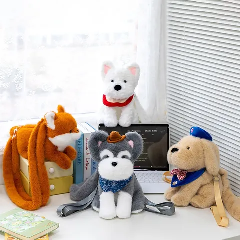 Mochila de Felpa de Perro Zorro de Dibujos Animados Poliéster Suave Forma de Animal Bolso Escolar Portátil Ligero Regalo Cumpleaños Niños