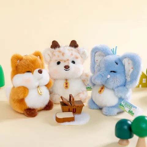Cute Forest Animal Plush Keychain Fox Deer Elephant Raccoon Dog Stuffed Toy With Auspicious Charm Soft Pendant Kids Bag Decoration Gift