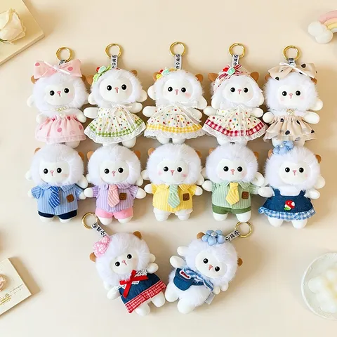 Pastoral Style Lamb Plush Toy Keychain Adorable Sheep Bag Pendant For Girls Polka Dot Dress Shirt Denim Stuffed Animal Keyring Gift