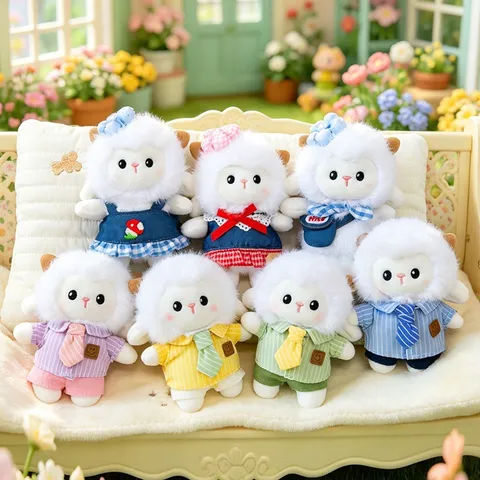 Pastoral Style Lamb Plush Toy Keychain Adorable Sheep Bag Pendant For Girls Polka Dot Dress Shirt Denim Stuffed Animal Keyring Gift