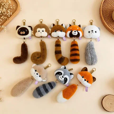 Cartoon Animal Zoo Plush Keychain Raccoon Red Panda Fox Tiger Stuffed Toy Pendant Cute Long Tail Doll Gift For Bags