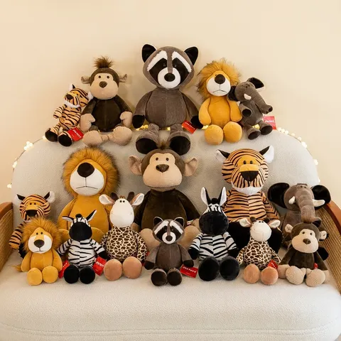 Giocattolo di Peluche di Animali della Giungla di Simulazione Leone Elefante Tigre Giraffa Zebra Scimmia Procione Bambola per Festa Bambini