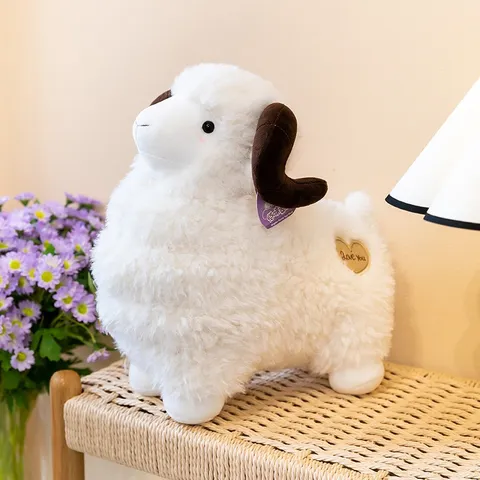 Cute Big Horn Ram Sheep Plush Toy Soft Polyester Stuffed Animal Heart Embroidery Decorative Pillow Gift For Kids