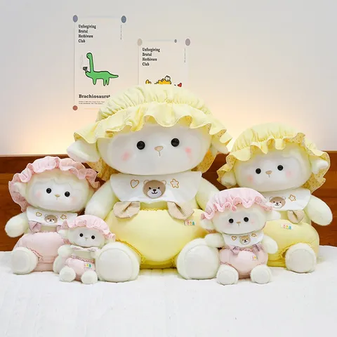 Cute Sleeping Hat Sheep Plush Toy Soft Lamb Stuffed Animal Doll With Bear Bib Accompanying Cushion For Kids Birthday Gift Nursery Decor