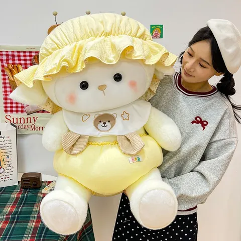 Cute Sleeping Hat Sheep Plush Toy Soft Lamb Stuffed Animal Doll With Bear Bib Accompanying Cushion For Kids Birthday Gift Nursery Decor