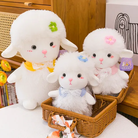 Cute Curly Sheep Plush Toy Soft Lamb Stuffed Animal With Lace Bow And Floral Decoration For Girls Birthday Gift Home Decor