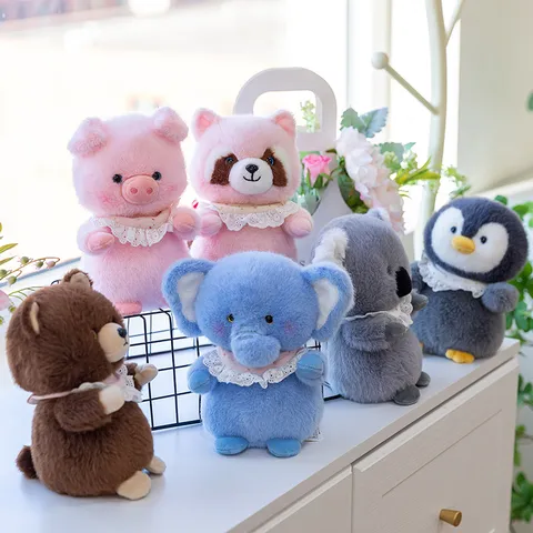 Forest Animal Plush Toy Stuffed Penguin Raccoon Elephant Bear Koala Pig Doll With Lace Collar For Kids Birthday Gift