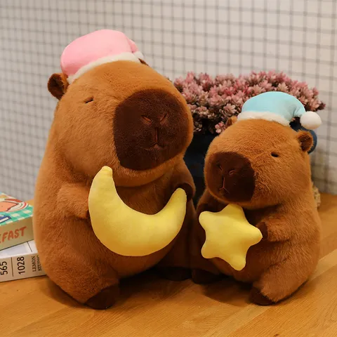 Simpatico Peluche Capibara Buonanotte Con Cappello da Notte E Luna Stella Morbido Peluche Corto Animale di Pezza Per Bambini Regalo di Compleanno Bambola
