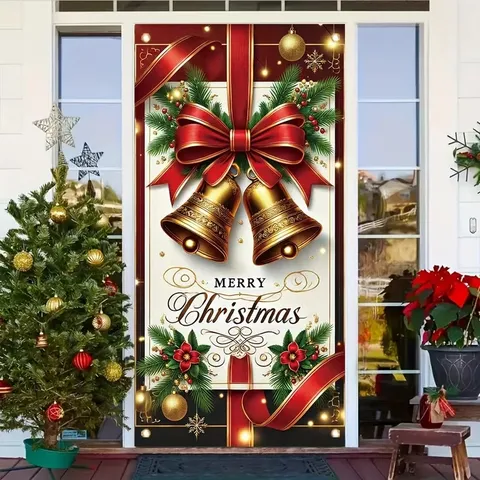 Couverture de Porte de Noël Murale en Polyester Imprimé Rideau de Porte Joyeux Noël pour Décoration de Fête de Noël Maison