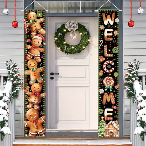 Christmas Porch Banner Set Merry Christmas Welcome Outdoor Front Door Hanging Flag Polyester Christmas Holiday Decoration