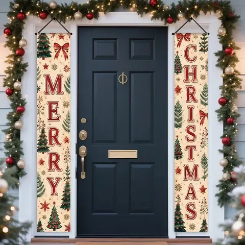 Christmas Porch Banner Set Merry Christmas Welcome Outdoor Front Door Hanging Flag Polyester Christmas Holiday Decoration