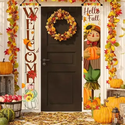 Thanksgiving Harvest Porch Banner Polyester Outdoor Door Decorations Pumpkin Turkey Maple Leaf Pattern Welcome Hanging Couplet