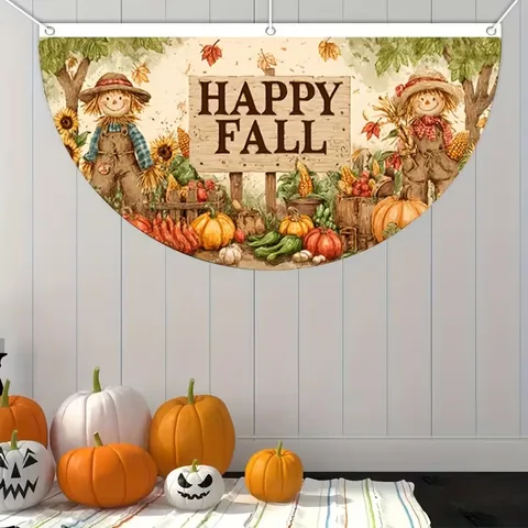 Thanksgiving Harvest Pleated Fan Flag Pumpkin Sunflower Maple Leaf Printed Polyester Bunting Outdoor Garden Fireplace Decor