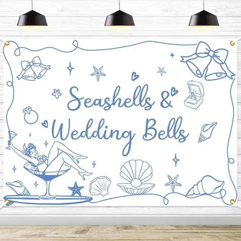 Fondo de Boda en la Playa Conchas y Campanas de Boda Banner de Poliéster Estampado Fondo de Fotografía Para Novia Decoración de Fiesta en la Orilla