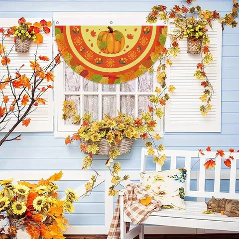 Thanksgiving Harvest Pleated Fan Flag Pumpkin Sunflower Maple Leaf Printed Polyester Bunting Outdoor Garden Fireplace Decor