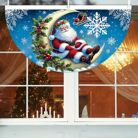 Weihnachten Plissee Fächer Flagge Balkon Geländer Dekoration Halbrund Polyester Rentier Weihnachtsmann Druck Flagge Für Haus Outdoor Festliche Deko