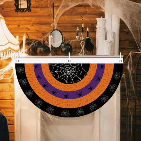Halloween Half Round Fan Flag Bunting Polyester Pumpkin Ghost Bat Spider Web Outdoor Garden Fence Decoration Bunting Flag