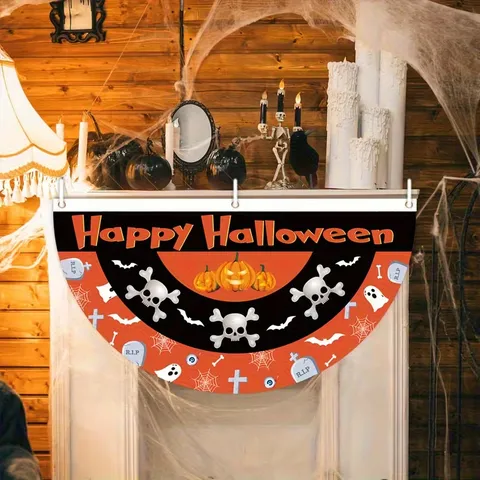 Halloween Half Round Fan Flag Bunting Polyester Pumpkin Ghost Bat Spider Web Outdoor Garden Fence Decoration Bunting Flag