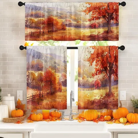 Thanksgiving Watercolor Farmhouse Landscape Kitchen Curtains Rod Pocket Polyester Tiers And Valance Maple Leaf Pumpkin Autumn Harvest Decor