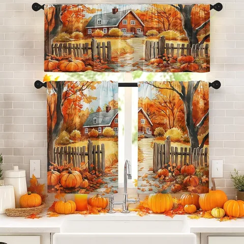 Thanksgiving Watercolor Farmhouse Landscape Kitchen Curtains Rod Pocket Polyester Tiers And Valance Maple Leaf Pumpkin Autumn Harvest Decor