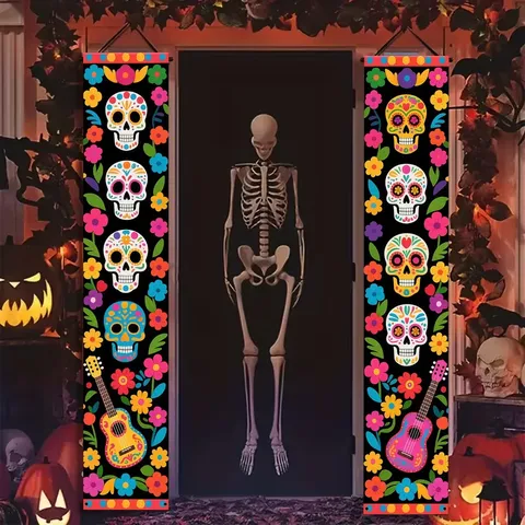 Day Of The Dead Door Banner Polyester Mexican Dia De Los Muertos Halloween Porch Couplet Skull Guitar Floral Printed Hanging Signs Home Outdoor Decoration