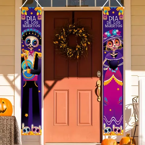 Day Of The Dead Door Banner Polyester Mexican Dia De Los Muertos Halloween Porch Couplet Skull Guitar Floral Printed Hanging Signs Home Outdoor Decoration