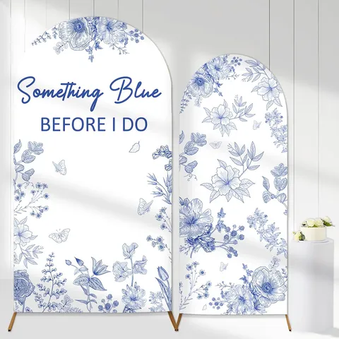 Romantic Blue Floral Wedding Arch Backdrop Covers Set U-Shaped Bow Pattern Polyester Fabric Photography Backdrop For Engagement Party Decorations