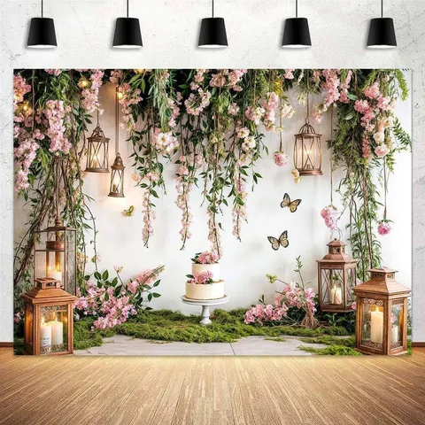 Fond de Photographie Pays des Contes de Fées Forêt Enchantée Arche Fleurie Papillon Champignon Décoration de Fête Arazzo