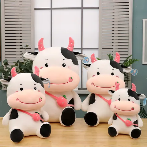 Cartoon Cow Plush Toy With Fruit Backpack Strawberry Grape Watermelon Pattern Soft Polyester Cow Doll Pillow For Kids Gift