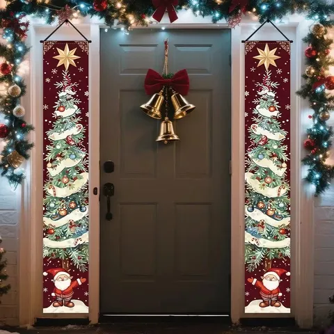 Christmas Door Banner Set Polyester Merry Christmas Porch Sign Outdoor Yard Garden Party Hanging Decoration For Front Door