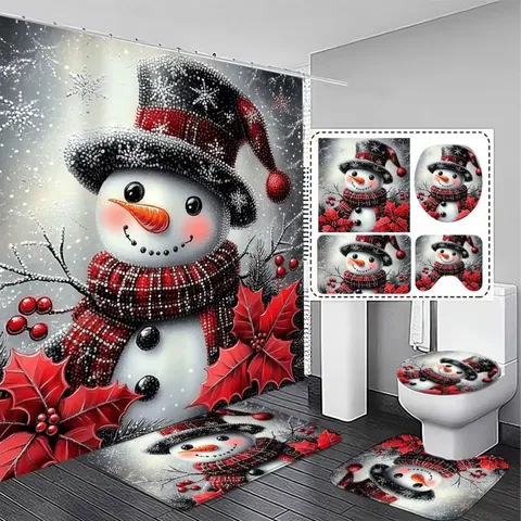 Christmas Snowman Shower Curtain Set Waterproof Polyester Fabric Bathroom Set With Anti-Slip Mats Festive Decor 4 Pieces