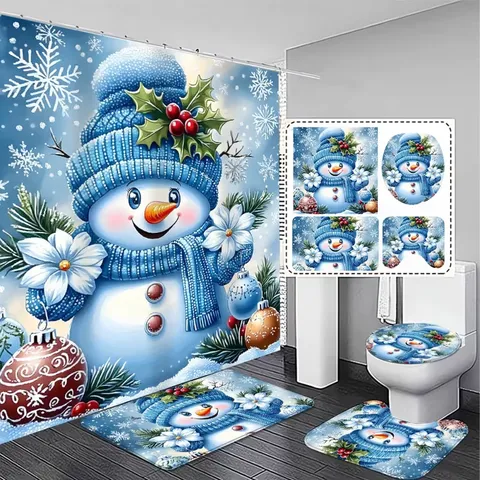 Christmas Snowman Shower Curtain Set Waterproof Polyester Fabric Bathroom Set With Anti-Slip Mats Festive Decor 4 Pieces