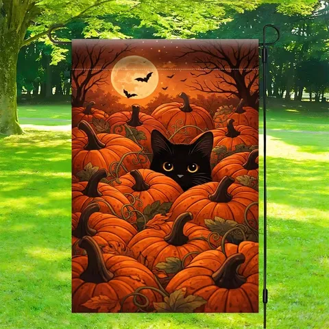 Halloween Garden Flag Double Sided Polyester Outdoor Decorative Flag Ghost Black Cat Pumpkin Bat Pattern Welcome Yard Sign Seasonal Festive Home Decor
