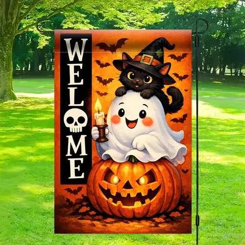 Halloween Garden Flag Double Sided Polyester Outdoor Decorative Flag Ghost Black Cat Pumpkin Bat Pattern Welcome Yard Sign Seasonal Festive Home Decor