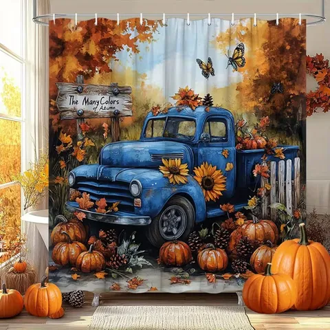Hello Fall Herbst Duschvorhang Vintage Holzmaserung Hochlandkuh Kürbis Sonnenblume Bedruckter Polyester Badezimmer Erntedankfest Dekor