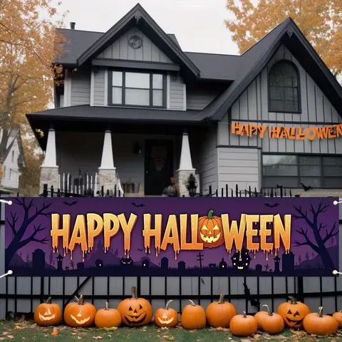 Halloween Background Banner Pumpkin Ghost Printed Outdoor Yard Fence Festive Large Banner Decoration Horror Photo Prop Backdrop
