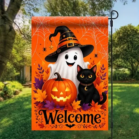 Bandera de Jardín Happy Halloween Impresión de Doble Cara Calabaza Murciélago Fantasma Bandera Decorativa Exterior Sin Mástil Decoración de Fiesta