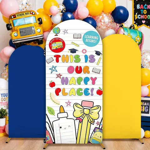 Back To School Party Arched Backdrop Covers School Bus Stationery Pattern Fabric Photo Background For Opening Ceremony Decoration