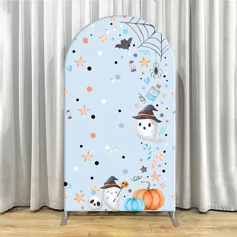 Halloween Theme Arched Backdrop Cover Cute Ghost Pumpkin Bat Pattern Baby Shower Birthday Party Decoration Polyester Pongee Fabric