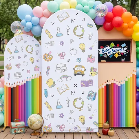 Back To School Party Arched Backdrop Covers School Bus Stationery Pattern Fabric Photo Background For Opening Ceremony Decoration