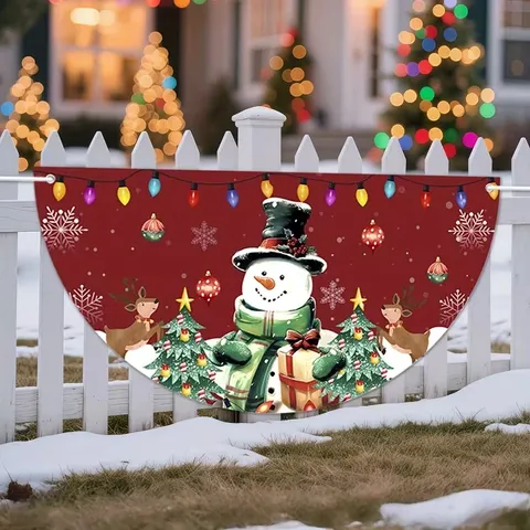 Rustic Christmas Pleated Fan Flag Polyester Santa Claus Snowman Pattern Outdoor Fence Hanging Banner Holiday Home Decoration