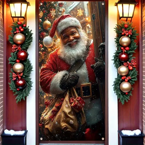 Christmas Door Curtain Banner Santa Claus Snowman Printed Hanging Flag For Courtyard Xmas Party Decor Backdrop Polyester