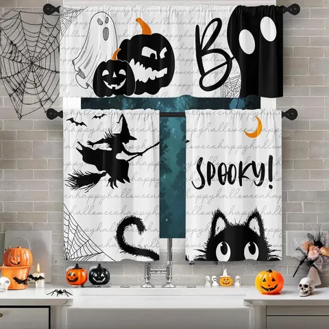 Halloween Ghost Pumpkin Skull Printed Kitchen Curtain Valance Tiers Polyester Festive Home Window Decoration Hanging Curtains