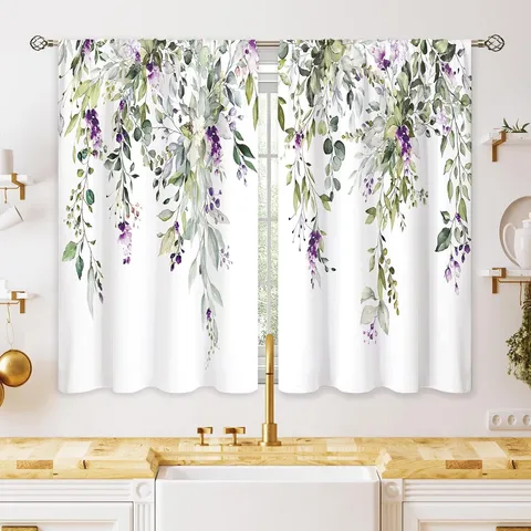 Watercolor Eucalyptus Leaves Kitchen Curtains Pastoral Nordic Floral Short Window Valance Rod Pocket Two Piece Set Home Decor