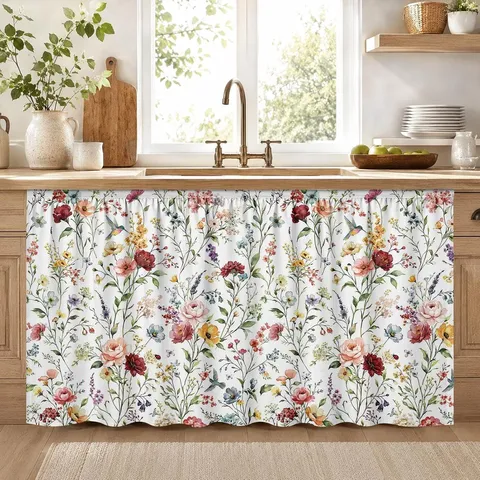 Pastoral Style Floral Butterfly Print Kitchen Half Curtain Polyester Sink Cabinet Cover Valance Partition Short Curtain