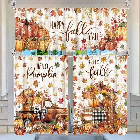 Thanksgiving Kitchen Curtains Valance And Tiers Polyester Harvest Pumpkin Gnome Printed Rod Pocket Café Window Treatment