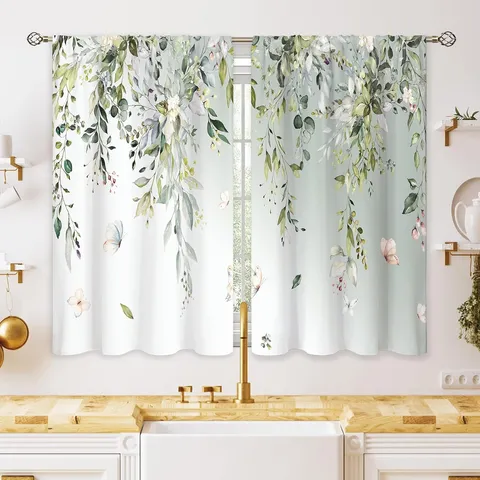 Watercolor Eucalyptus Leaves Kitchen Curtains Pastoral Nordic Floral Short Window Valance Rod Pocket Two Piece Set Home Decor