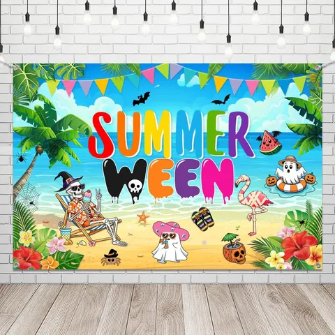 Summer Halloween Party Decoration Backdrop Cartoon Skull Ghost Palm Tree Printed Banner Summerween Holiday Photo Booth Studio Photography Background Tapestry Cloth