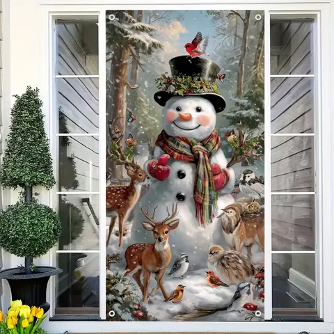 Christmas Door Curtain Banner Santa Claus Snowman Printed Hanging Flag For Courtyard Xmas Party Decor Backdrop Polyester